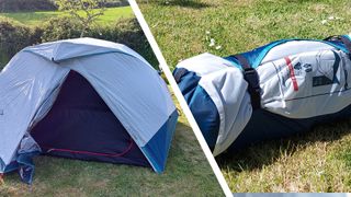 Quechua tent pitched, and in its bag