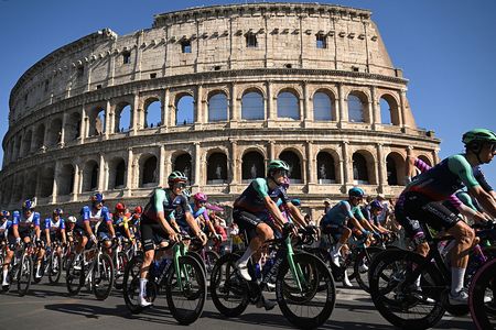 ROME, ITALY - MAY 31: (L-R) Gregor Muhlberger of Austria, Felix Gall of Austria and Team Decathlon CMA CGM and a general view of the peloton competing with the Colosseum in the background, during the 109th Giro d'Italia 2026, Stage 21 a 131km stage from Rome to Rome 1289m / #UCIWT / on May 31, 2026 in Rome, Italy. (Photo by Dario Belingheri/Getty Images)