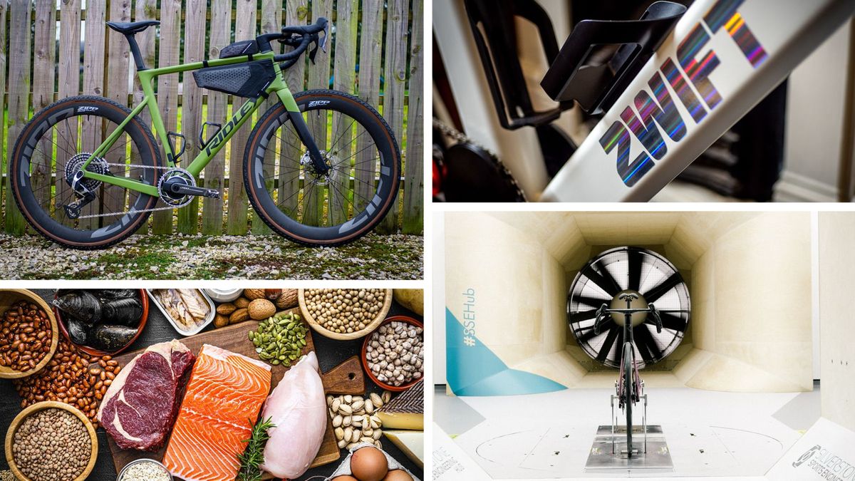 A collage showing a Ridley ASTR RS bike, a Zwift Ride frame, some healthy food and a bike in a wind tunnel