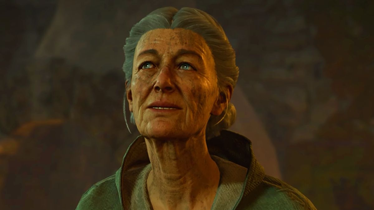 Baldur&#039;s Gate 3 screenshot showing Auntie Ethel, an older woman with tied-back graying hair