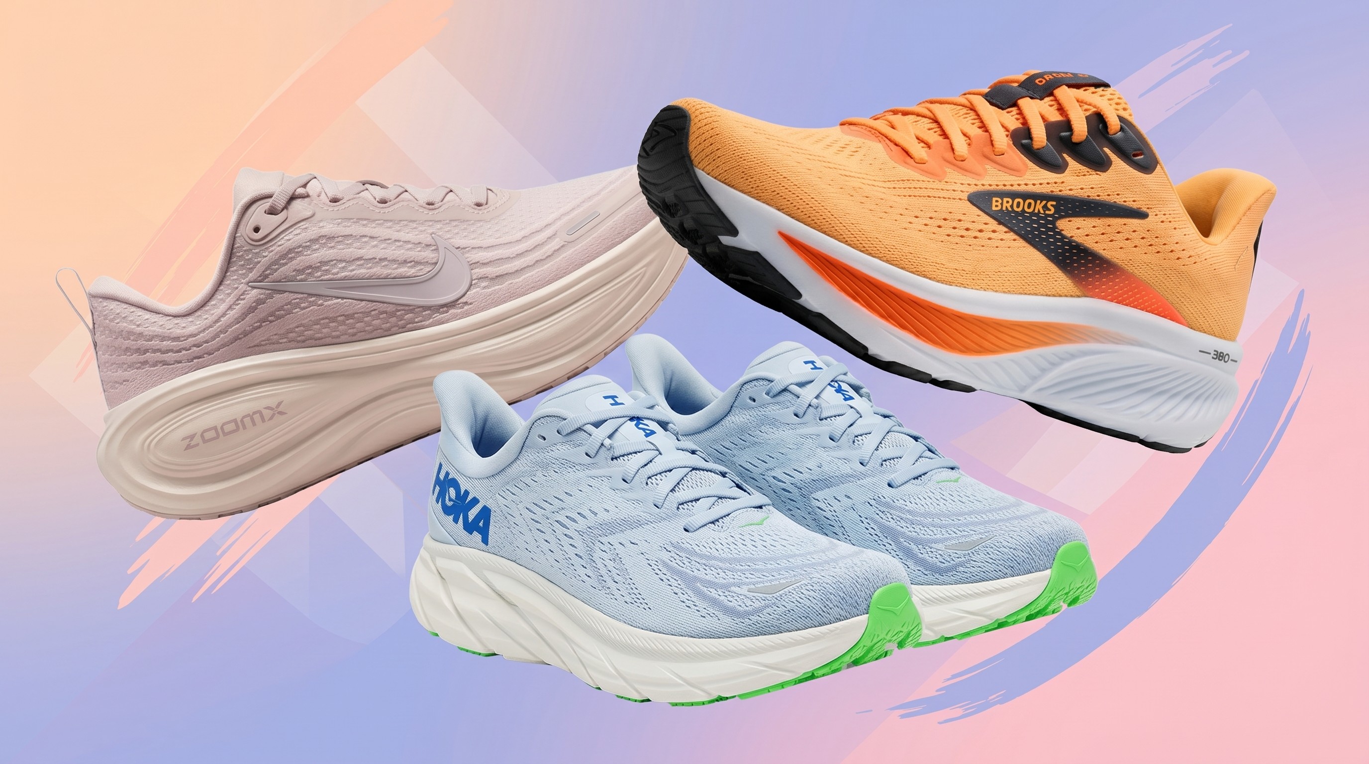 Hoka, Brooks and Nike running sneakers on a pastel background