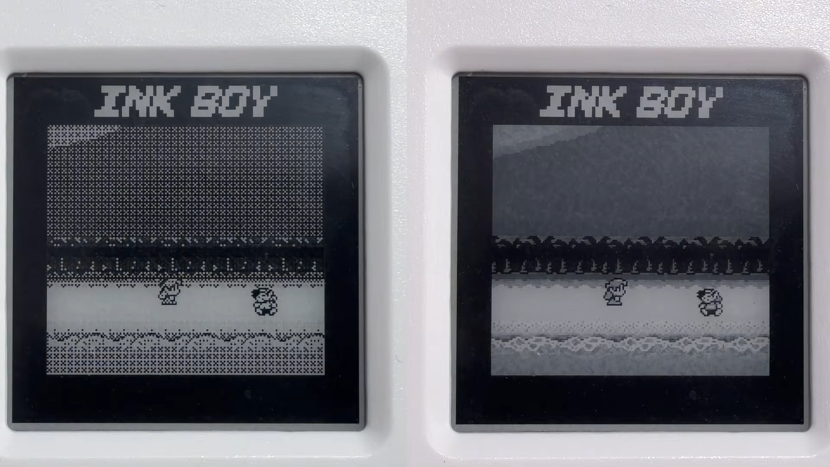 Ink-Boy comparison with left showing visuals with just black and white pixels and right showing 4-bit greyscale.
