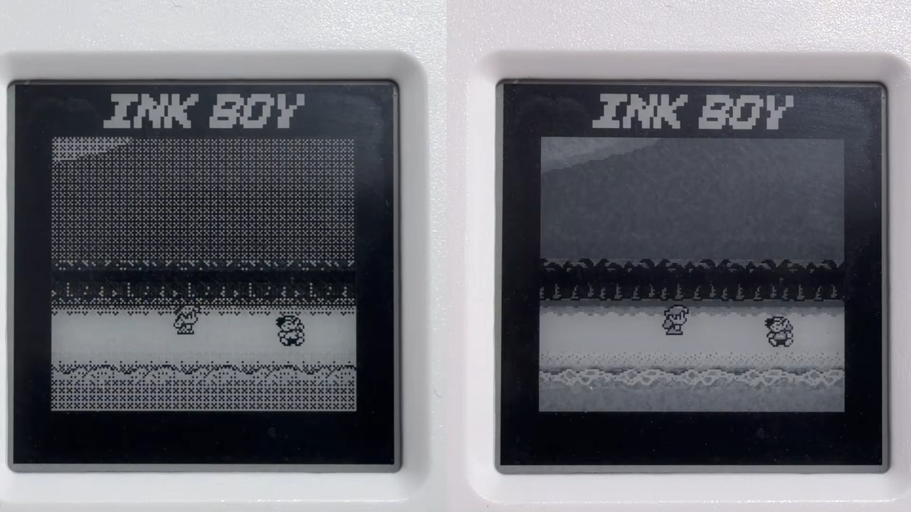 Ink-Boy comparison with left showing visuals with just black and white pixels and right showing 4-bit greyscale.