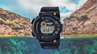 Casio GW-8230B-9A watch superimposed over photo of sea and rocks