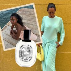 A vacation-inspired collage of people in European destinations with fragrance picks scattered throughout.