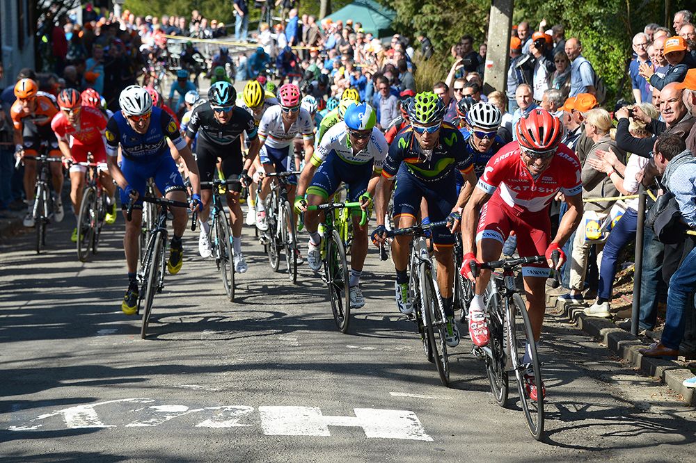 Joaquim Rodriguez (Katusha) attacks the Mur de Huy