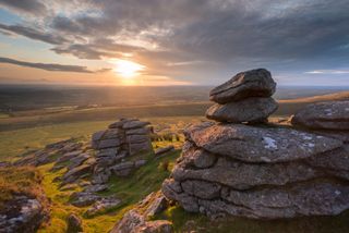 Sunset over Arm's Tor, Dartmoor National Park, Devon, England. Summer (August) 2014.