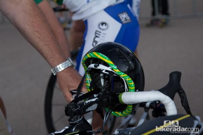 The young pocket rocket - Caleb Ewan - with a little Aussie trim on an otherwise blacked out aero-road helmet