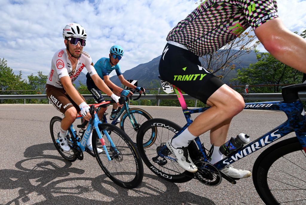 BRENTONICO SAN VALENTINO ITALY APRIL 19 LR Andrea Vendrame of Italy and Ag2R Citron Team Joe Dombrowski of The United States and Astana Qazaqstan Team compete in the breakaway during the 46th Tour of the Alps 2023 Stage 3 a 1625km stage from Ritten to Brentonico San Valentino 1321m on April 19 2023 in Brentonico San Valentino Italy Photo by Tim de WaeleGetty Images