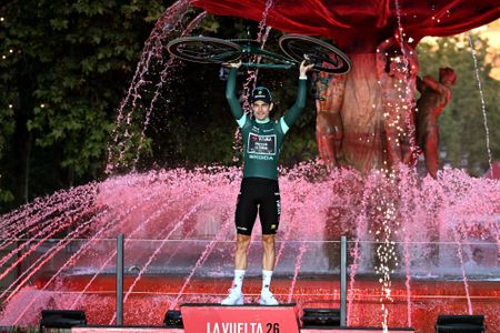 GRANADA, SPAIN - SEPTEMBER 13: Wout Van Aert of Belgium and Team Visma | Lease a Bike celebrates at podium as Green points jersey winner during the La Vuelta - 81st Tour of Spain 2026, Stage 21 a 112km stage from Granada to Granada / #UCIWT / on September 13, 2026 in Granada, Spain. (Photo by Tim de Waele/Getty Images)