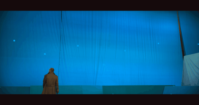 Star Wars Skeleton Crew VFX; a scene of a blue screen studio swipes to reveal a vast golden mint rendered using CG software