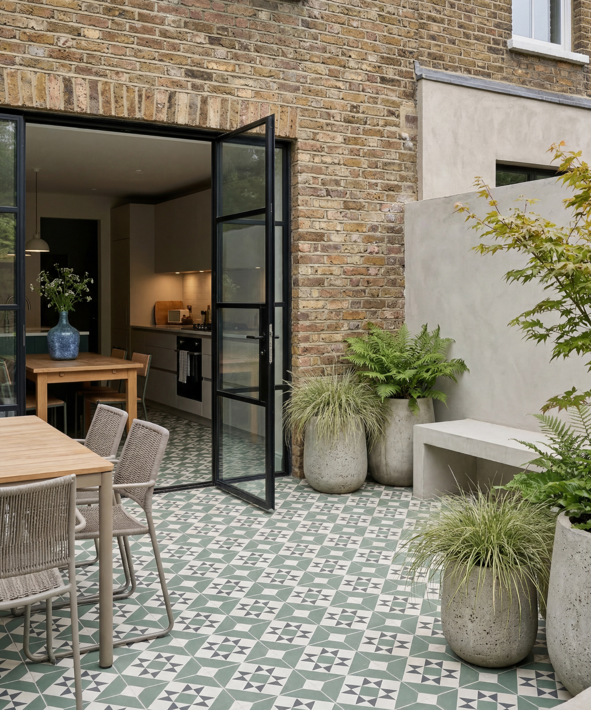 Patio with green patterned tiles carried out from the inside of a house