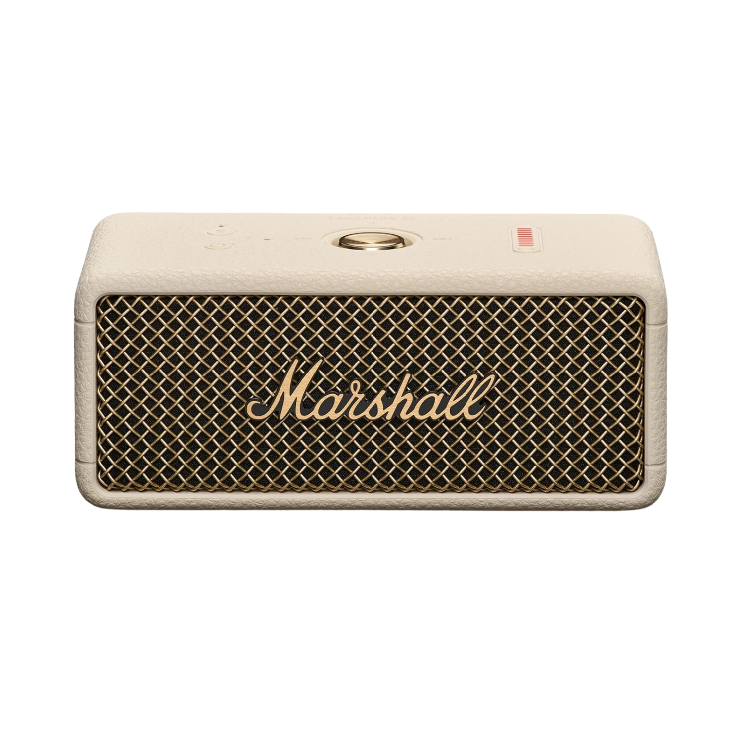 A beige portable speaker