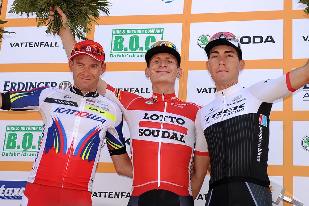 The 2015 Vattenfall Cyclassics podium: Kristoff, Greipel and Nizzolo