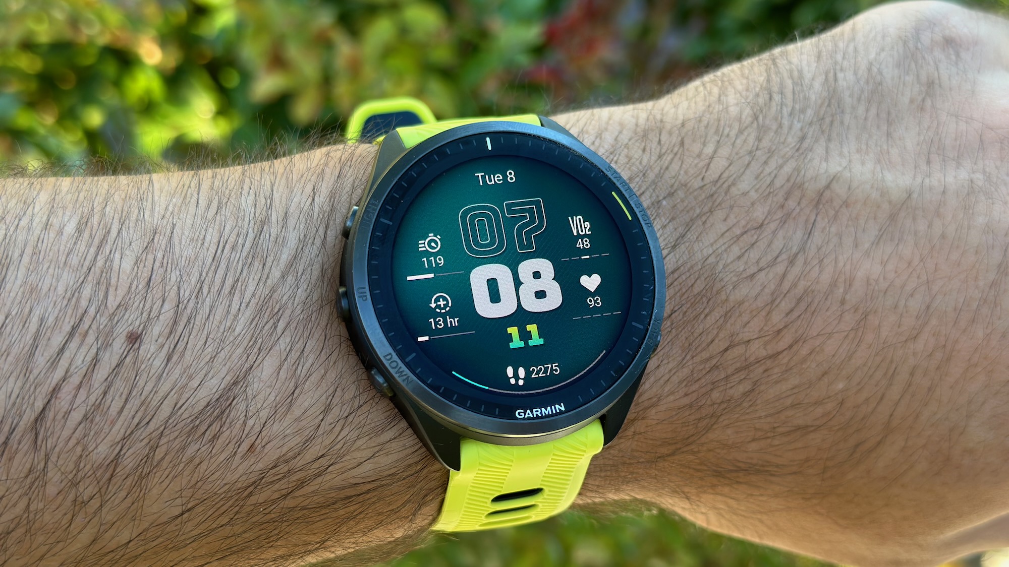 A close up of the Garmin Forerunner 965 watch face