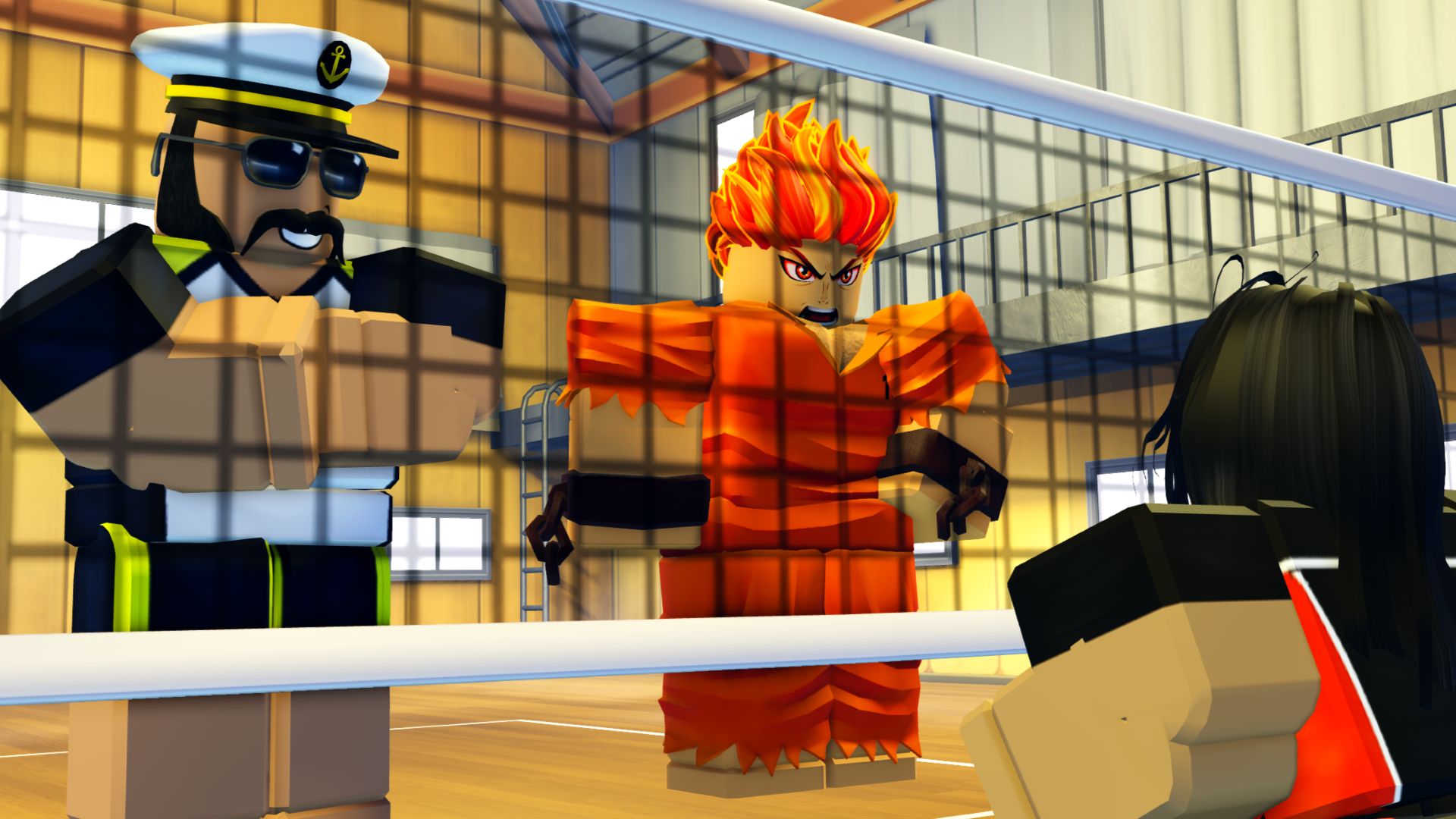 Two anime-inspired characters from Volleyball Legends looking through the volleyball net at a Roblox player character.