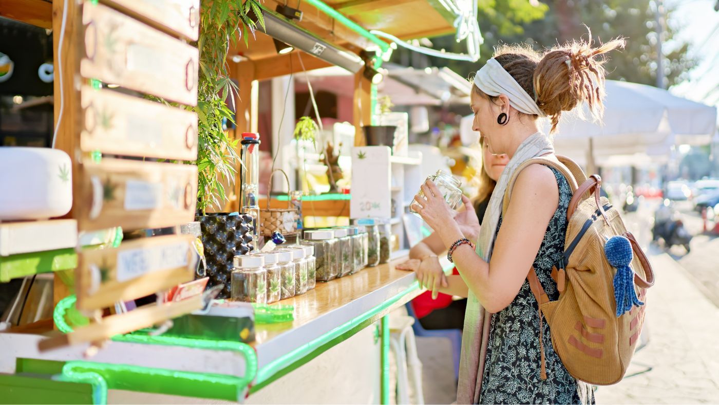 Tourists at a legal cannabis shop in Pattaya, Thailand