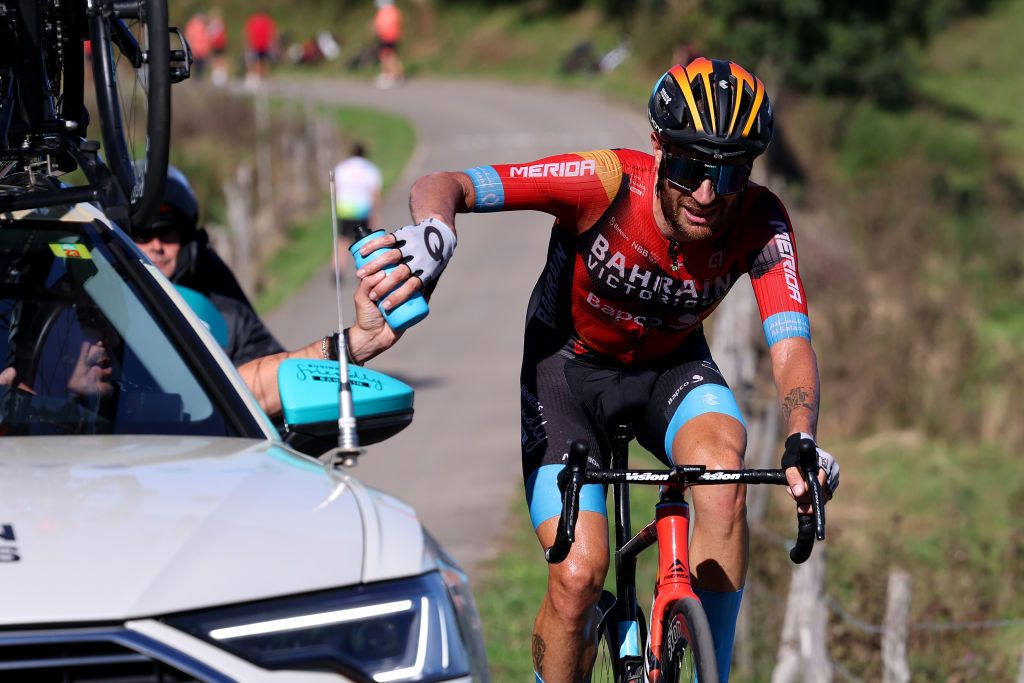 LACRUZDELINARES SPAIN SEPTEMBER 14 Damiano Caruso of Italy and and Team Bahrain Victorious competes climbing to the Puerto de la Cruz de Linares 840m during the 78th Tour of Spain 2023 Stage 18 a 1789km stage from Pola de Allande to La Cruz de Linares 840m UCIWT on September 14 2023 in La Cruz de Linares Spain Photo by Alexander HassensteinGetty Images