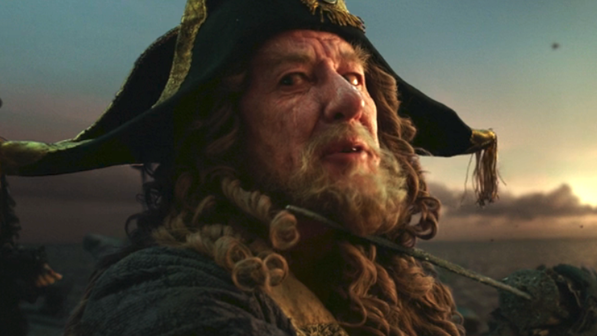 Geoffrey Rush as Captain Barbosa in Pirates of the Caribbean: Dead Men Tell No Tales