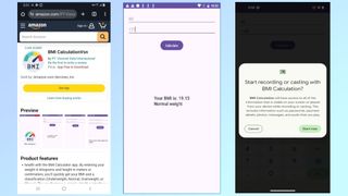 Screenshots from the malicious BMI CalculationsVsn app McAfee's researchers discovered on the Amazon Appstore