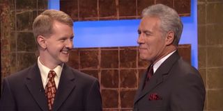 Ken Jennings talking to Alex Trebek after losing on Jeopardy.