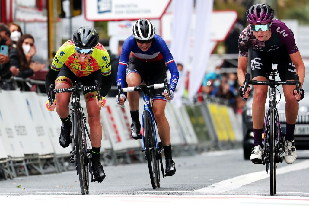 SAN SEBASTIAN SPAIN JULY 31 LR Tatiana Guderzo of Italy and Team Ale Btc Ljubljana Evita Muzic of France and Team FDJ Nouvelle Aquitaine Futuroscope Pauliena Rooijakkers of Netherlands and Team Liv Racing sprint at arrival during the 3rd Donostia San Sebastian Klasikoa Women 2021 a 1398km race from DonostiaSan Sebastian to DonostiaSan Sebastian Klasikoa KlasikoaWomen UCIWWT on July 31 2021 in San Sebastian Spain Photo by Gonzalo Arroyo MorenoGetty Images