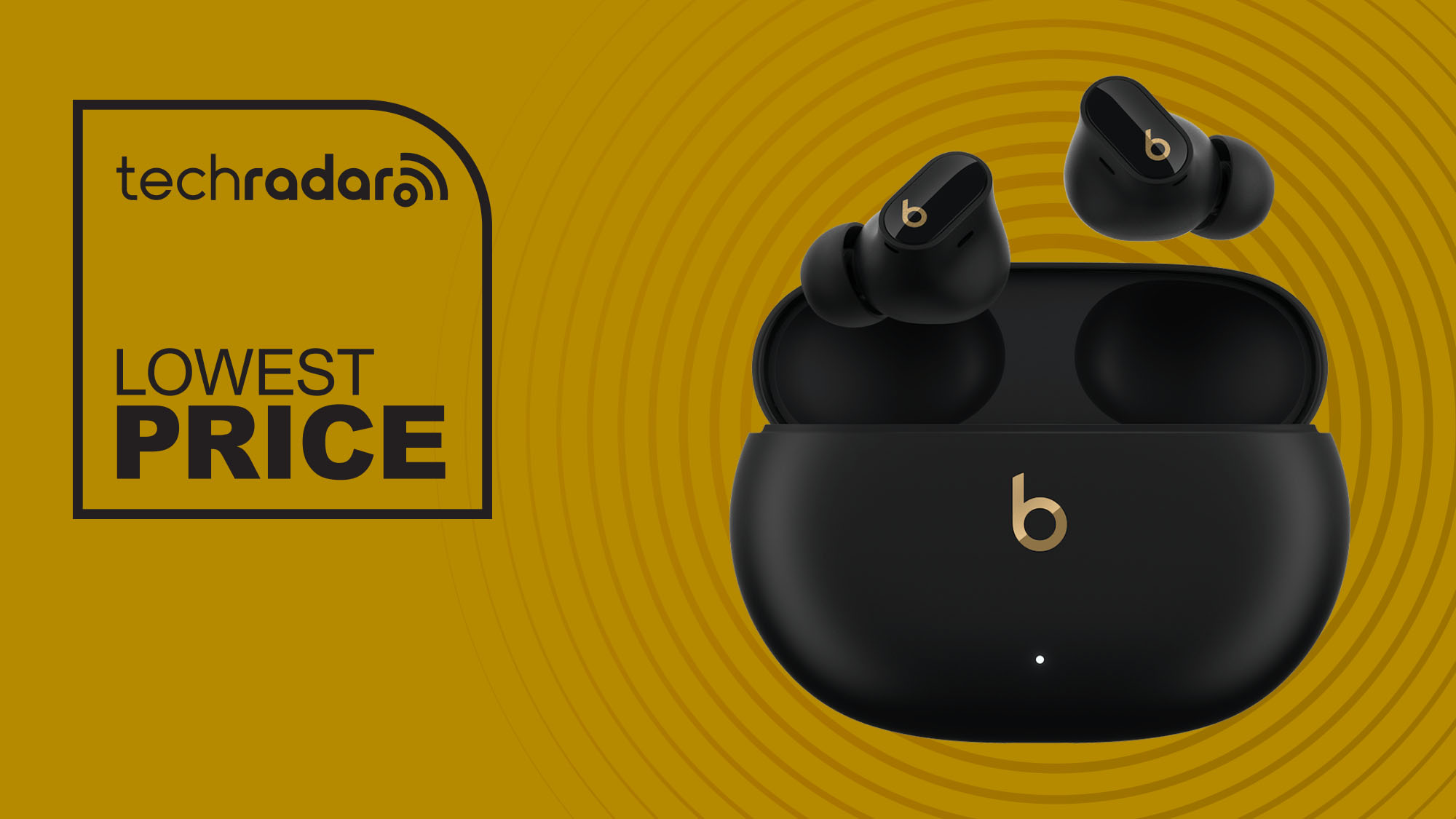 Beats Studio Buds Plus in black on yellow background with TechRadar lowest price sign