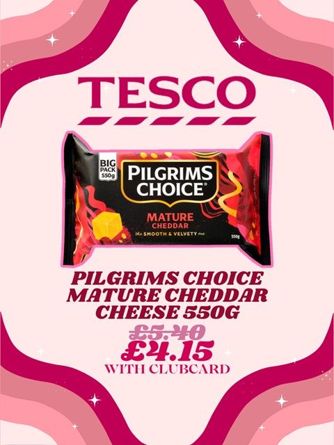 A packet of Pilgrims Choice cheddar cheese with the price both with and without a Tesco Clubcard.