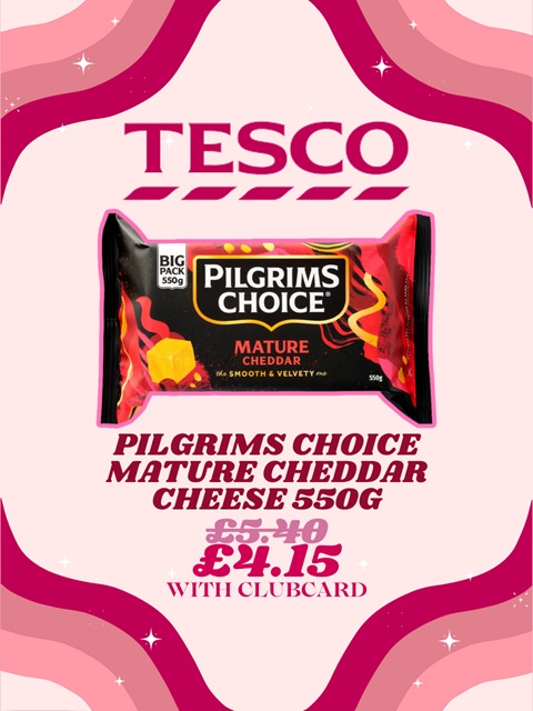 A packet of Pilgrims Choice cheddar cheese with the price both with and without a Tesco Clubcard.
