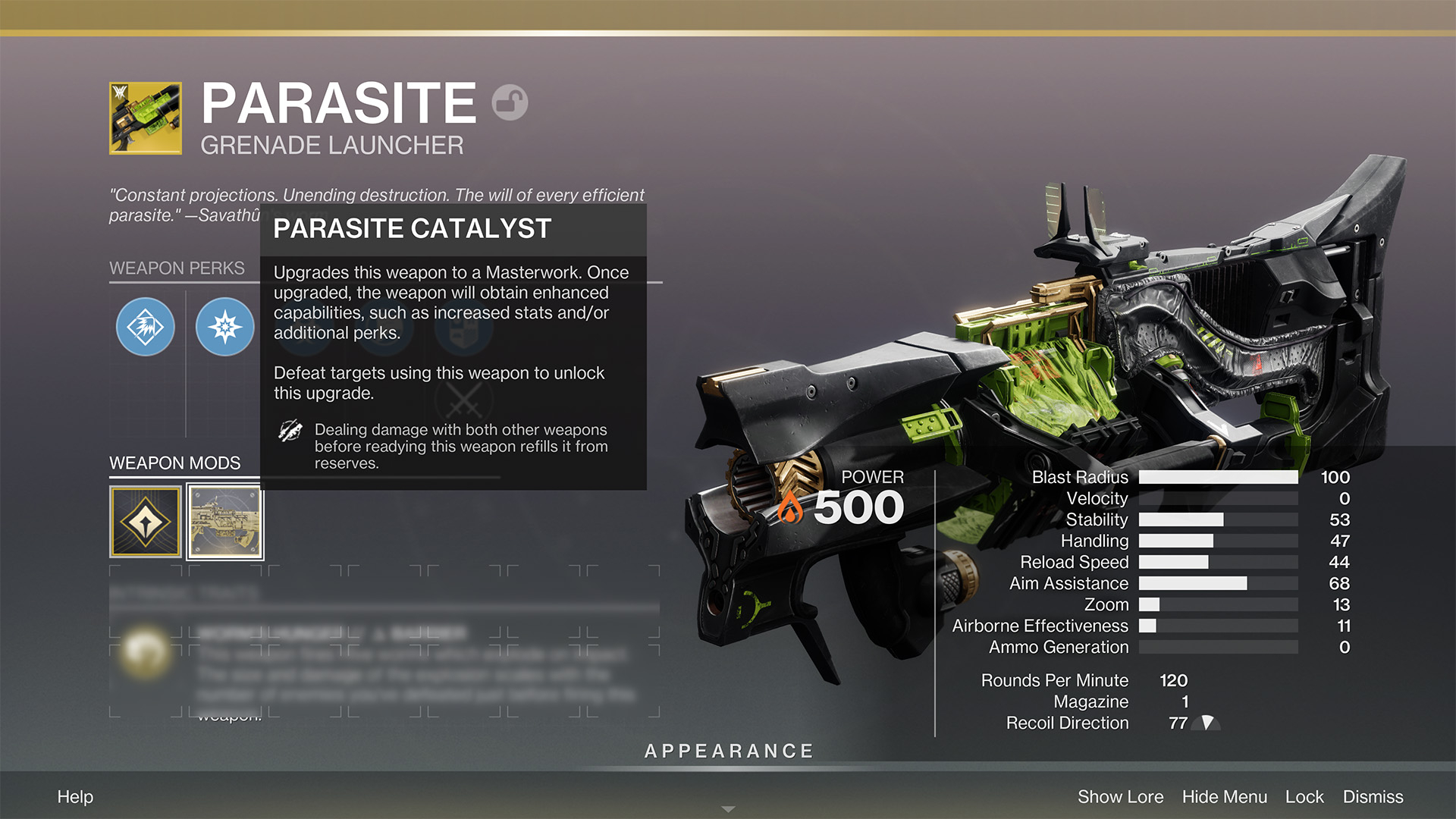 Destiny new catalysts: The Parasite Exotic grenade launcher's catalyst being examined in the inventory screen.