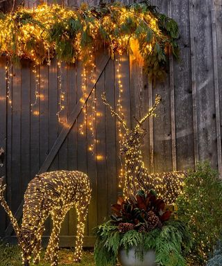 Outdoor Christmas lights iwth light up reindeer and a garland