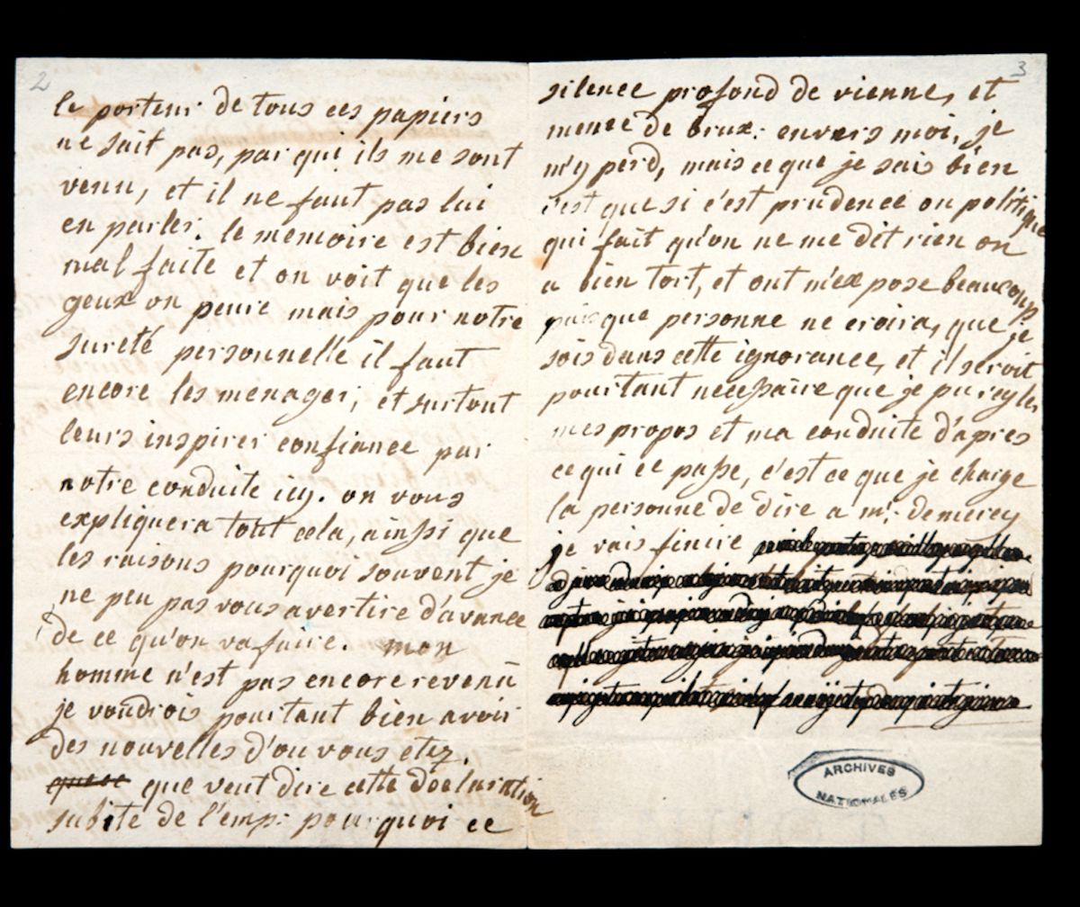 A photo of a partially-redacted page of a letter Marie Antoinette wrote to Fersen on January 4, 1792.