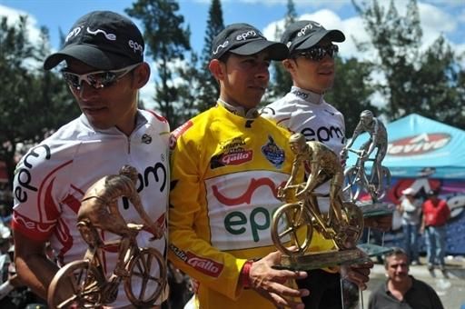 Giovanny Baez (C), is seen alongside teammates Juan Pablo Suarez (R) and Francisco Colorado (L), second and third place respectively in the Tour of Guatemala