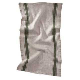 A white linen dish towel with green stripe detailing