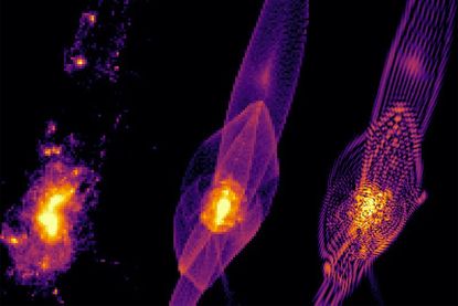 The researchers simulated early galaxy formation in the early universe under three dark matter scenarios: a universe filled with cold dark matter (far left); warm dark matter (center); and fuzzy dark matter (far right).