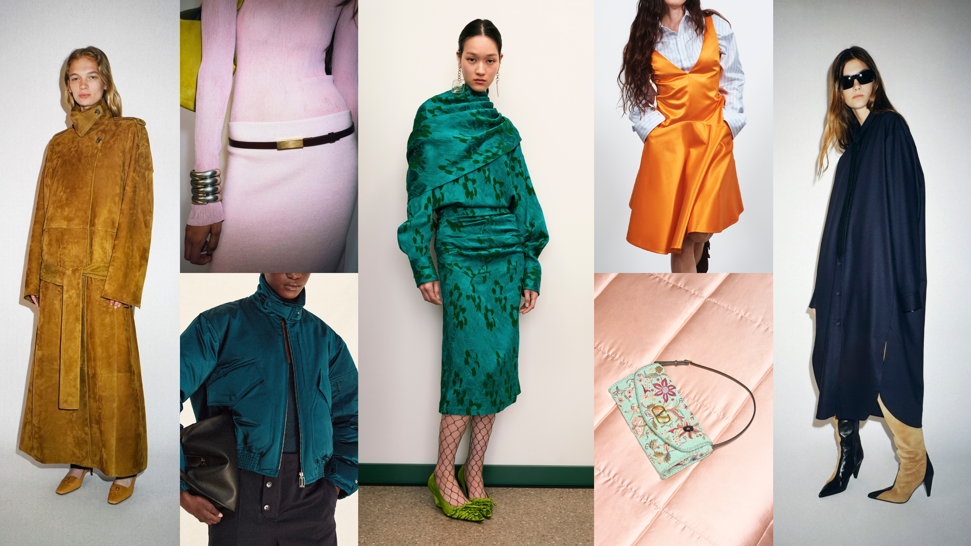camel, pink, teal, pistachio, orange, and navy winter fashion color trends 2026 at Khaite, Victoria Beckham, JW Anderson, Tory Burch, JW Anderson, Valentino Resort 2026