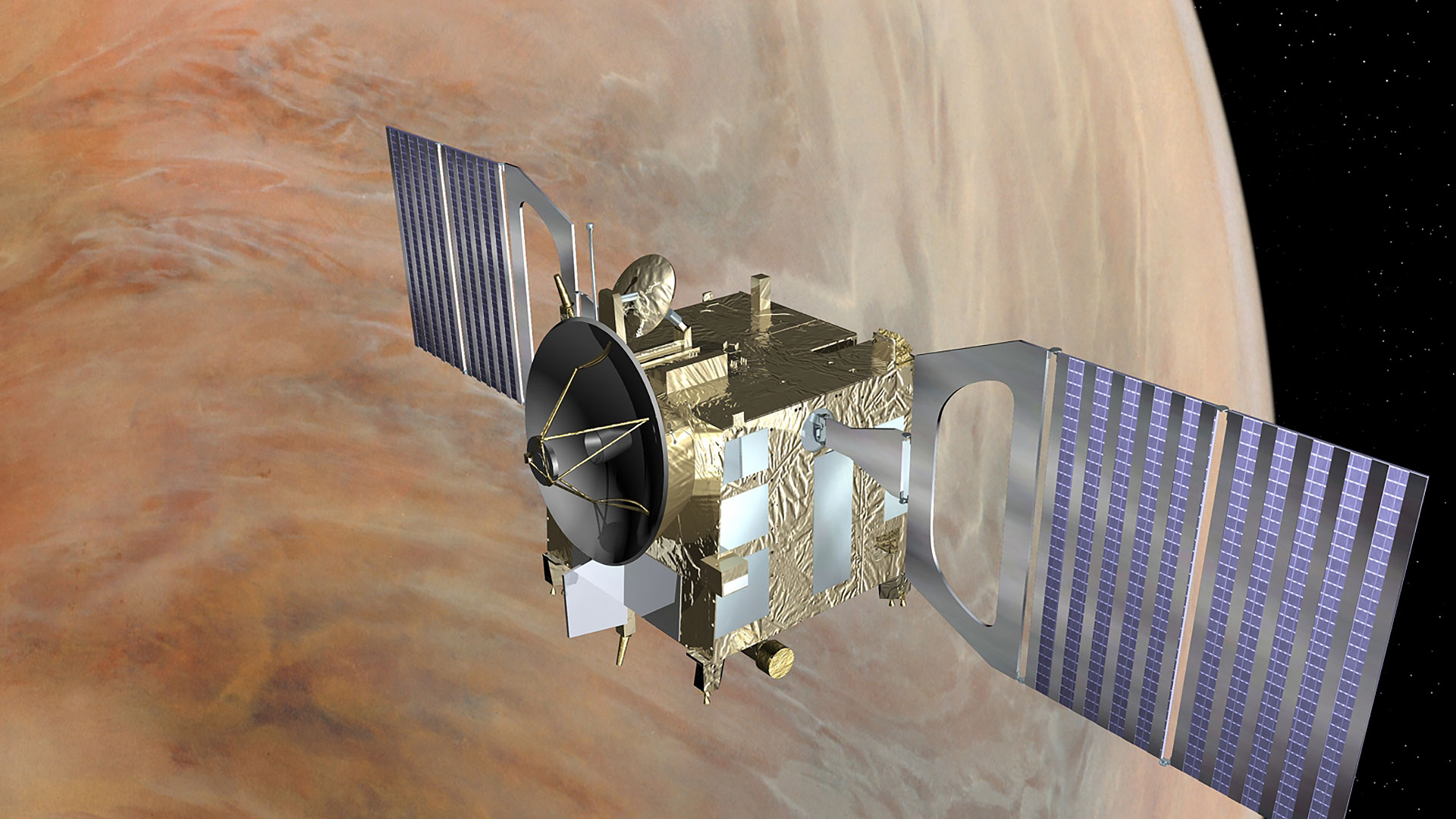 an illustration of a robotic space probe with two solar panel-lined "wings" orbits over a planet