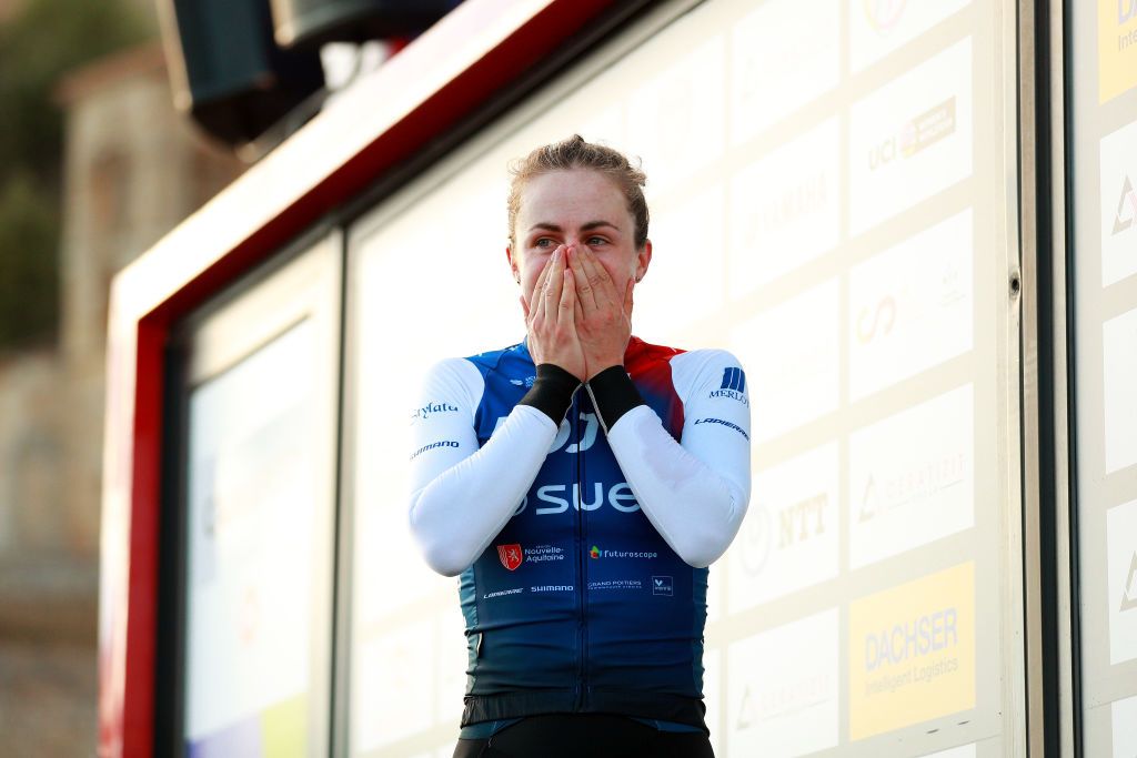 AGUILAR DE CAMPOO SPAIN SEPTEMBER 09 Grace Brown of Australia and Team FDJ Suez Futuroscope celebrates winning the stage on the podium ceremony after the 8th Ceratizit Challenge By La Vuelta 2022 Stage 3 a 964km stage from Camargo to Aguilar de Campoo CERATIZITChallenge22 UCIWWT on on September 09 2022 in Camargo Spain Photo by Gonzalo Arroyo MorenoGetty Images