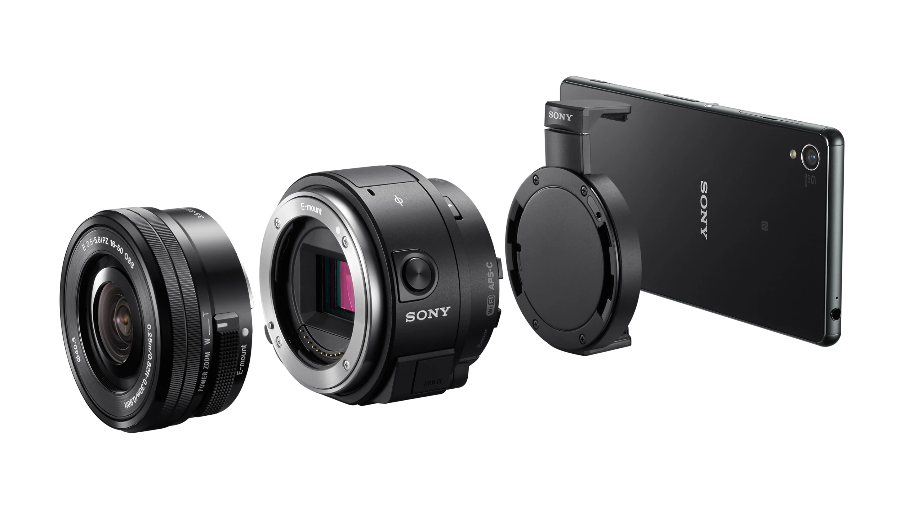 A Sony QX1 in-between a Sony smartphone and interchangable lens