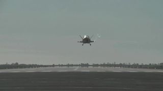 A rear view of the X-37B robotic space plane landing of Oct. 17, 2014 at Vandenberg Air Force Base in California.