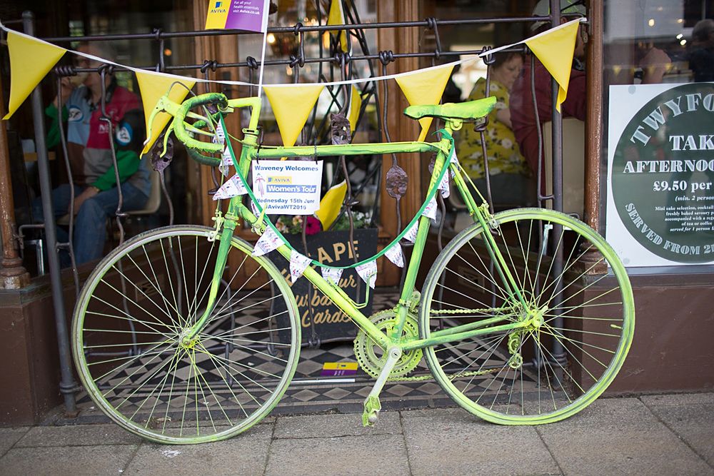 Beccles locals dressed up an old clunker to welcome the riders of the Aviva Women's Tour 2016 - Stage 1