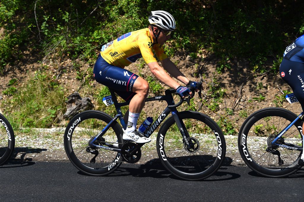 GYNGYSKKESTET HUNGARY MAY 15 Fabio Jakobsen of Netherlands and Team QuickStep Alpha Vinyl Yellow Leader Jersey competes during the 43rd Tour de Hongrie 2022 Stage 5 a 184km stage from Miskolc to GyngysKkestet 992m tourdehongrie on May 15 2022 in GyngysKkestet Hungary Photo by Dario BelingheriGetty Images
