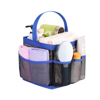 A blue shower caddy with toiletries in it