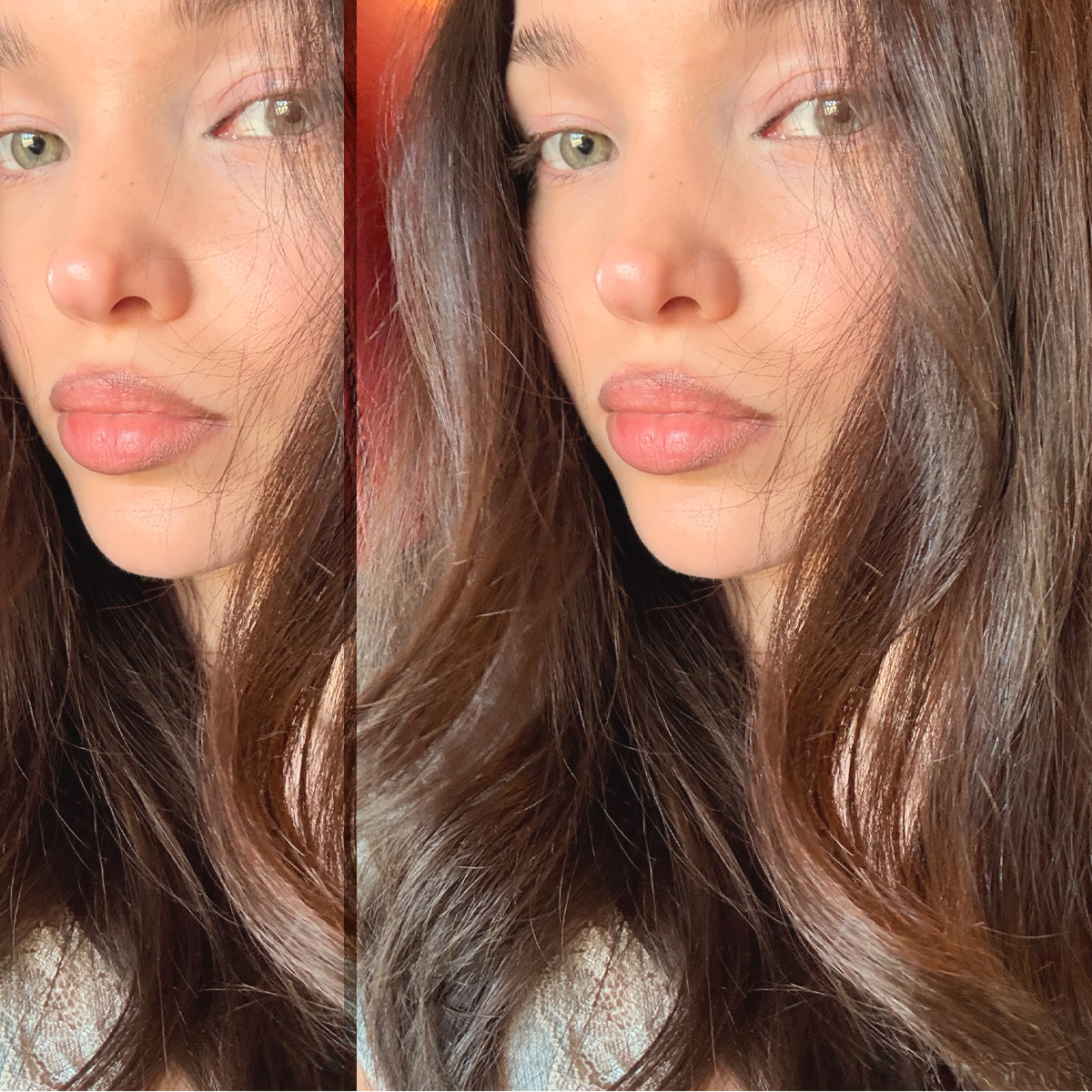 Two selfies of Dove Cameron side by side in a collage