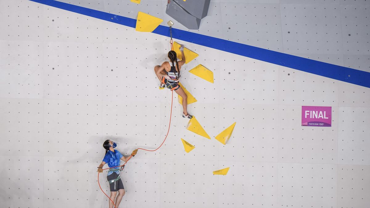 Brooke Raboutou of USA in the women&#039;s sports climbing lead final during the Tokyo 2020 Olympic Games at Aomi Urban Sports Park in Tokyo