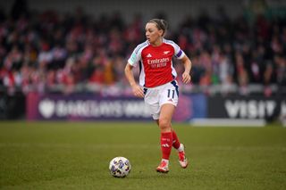 Katie McCabe of Arsenal runs with the ball during The Adobe Women's FA Cup Fifth Round match between Arsenal and London City Lionesses at Mangata Pay UK Stadium on February 09, 2025 in Borehamwood, England. 