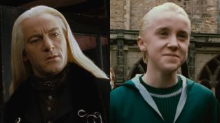 From left to right: a side by side of Jason Isaacs as Lucius Malfoy and Tom Felton as Draco Malfoy in Harry Potter and the Chamber of Secrets.