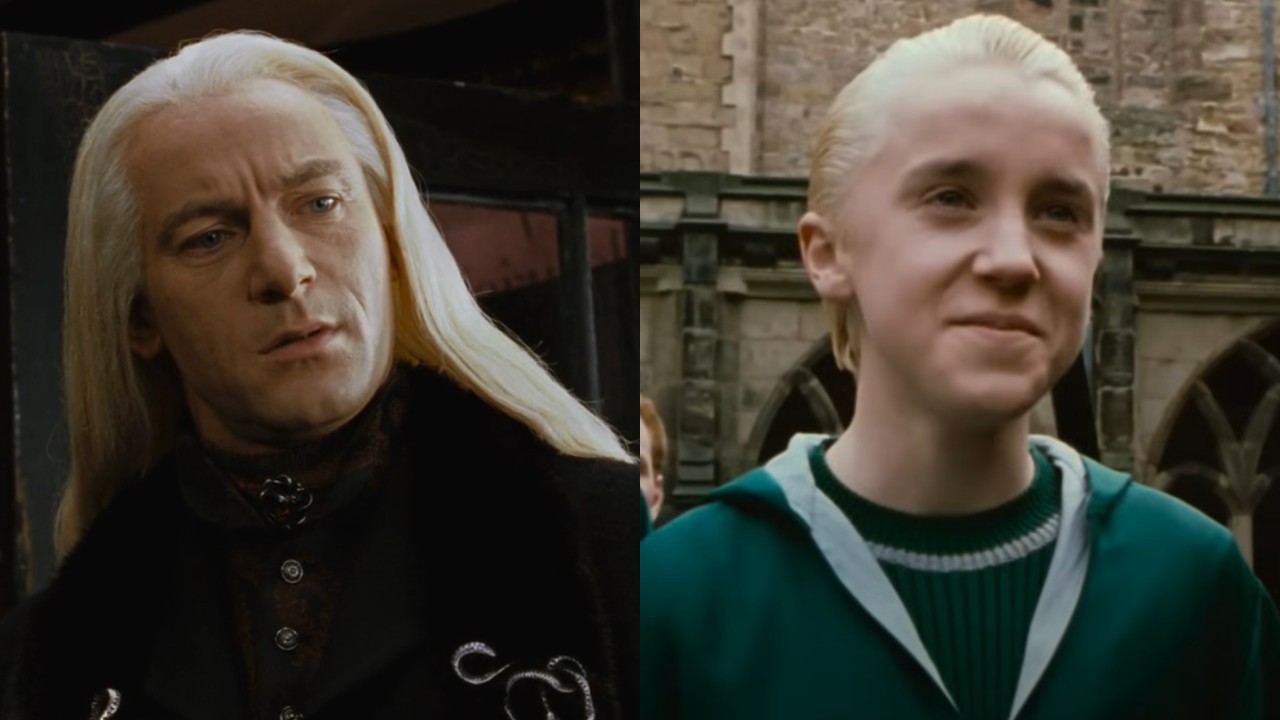 From left to right: a side by side of Jason Isaacs as Lucius Malfoy and Tom Felton as Draco Malfoy in Harry Potter and the Chamber of Secrets. 