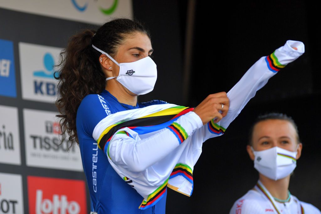 LEUVEN BELGIUM SEPTEMBER 25 Elisa Balsamo of Italy wears the World Champion Jersey on the podium ceremony after the 94th UCI Road World Championships 2021 Women Elite Road Race a 1577km race from Antwerp to Leuven flanders2021 on September 25 2021 in Leuven Belgium Photo by Luc ClaessenGetty Images