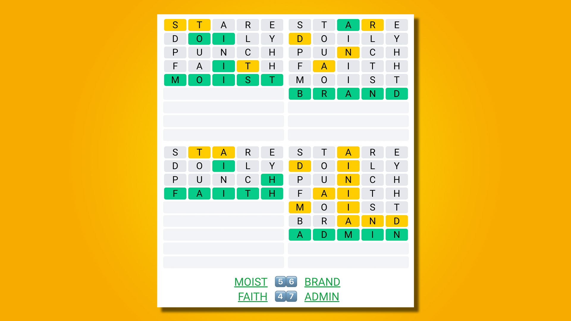 Quordle 429 respuestas sobre un fondo amarillo